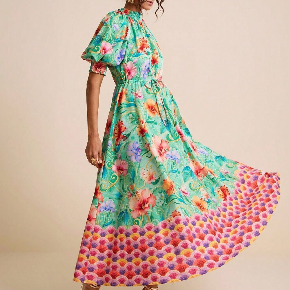 Green & Fuchsia Boho Women's Floral Print Collar Puff Sleeve A-Line Dress - Picture 3 of 7
